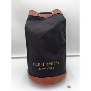 Henri Bendel New York Canvas Drawstring Backpack Bucket Bag Black Brown Logo